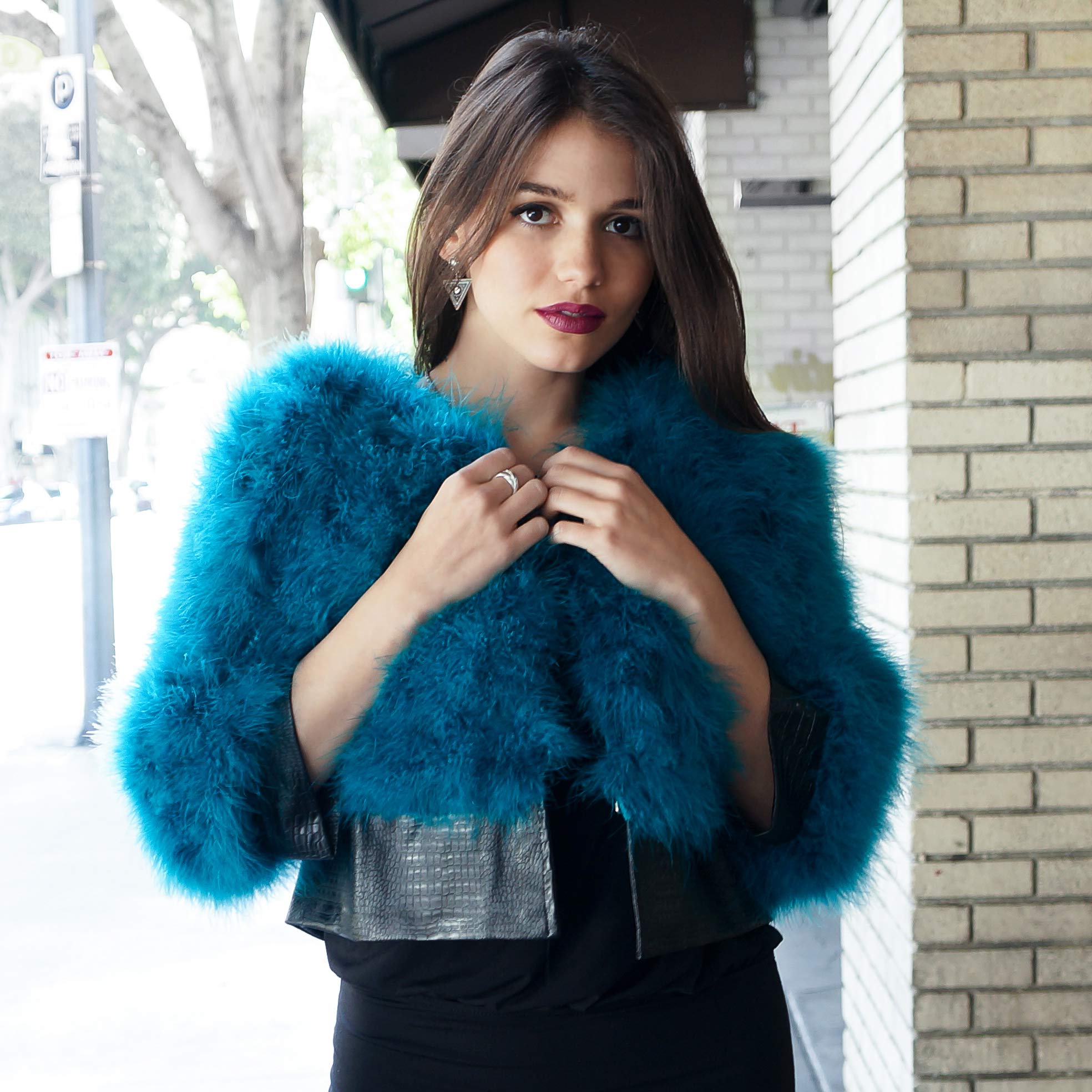 ZUCKER Natural Marabou Feather Jacket with Faux Leather Trim- 3/4 Sleeve Vintage Style Bolero Wedding Wrap for Women - Image 3