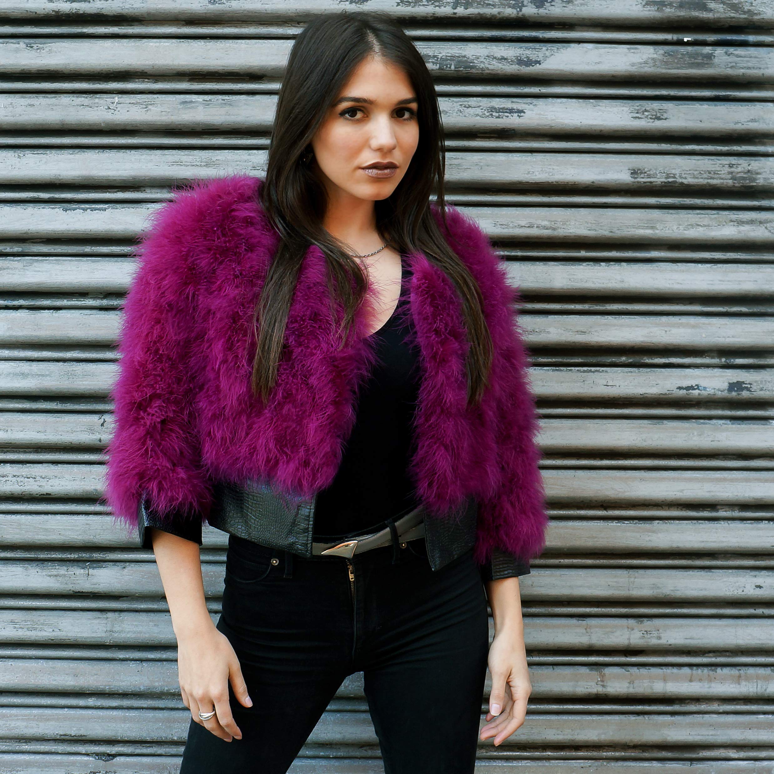 ZUCKER Natural Marabou Feather Jacket with Faux Leather Trim- 3/4 Sleeve Vintage Style Bolero Wedding Wrap for Women - Image 5